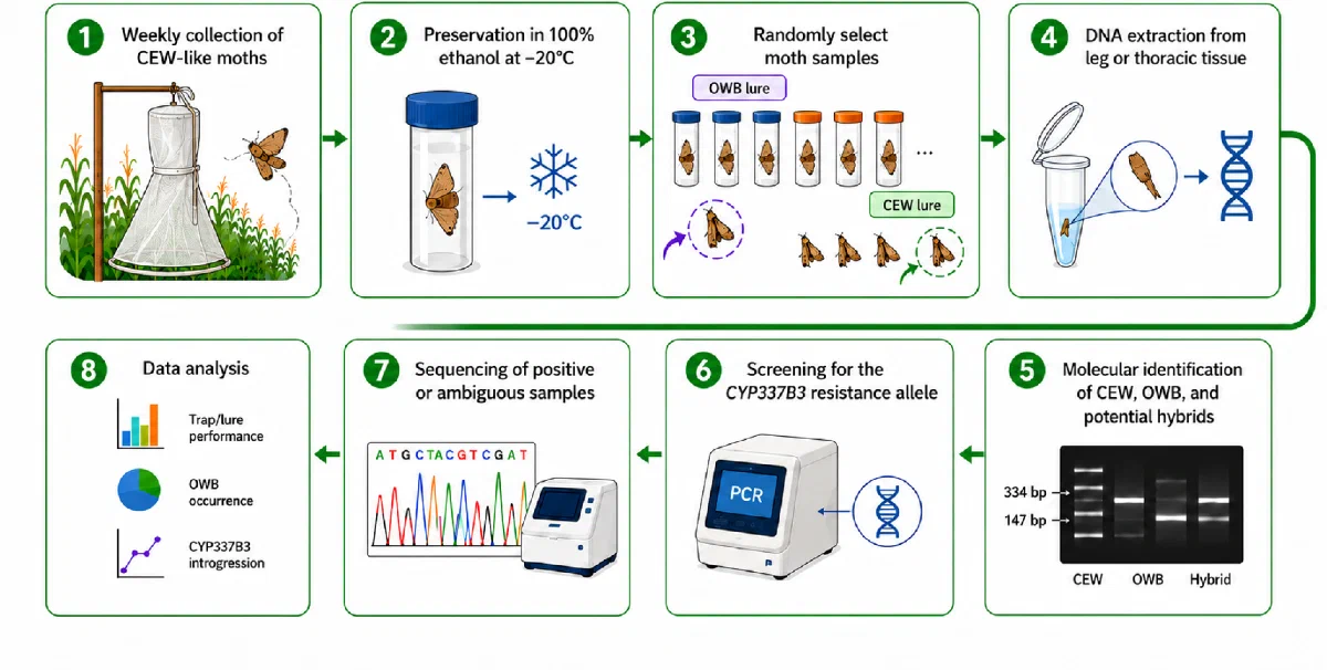 Corn earworm and Old World bollworm monitoring workflow: moth collection and preservation, DNA extraction, molecular species identification, CYP337B3 resistance allele screening, sequencing, and data analysis.
